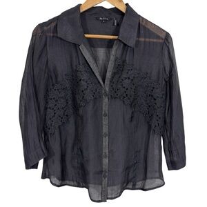 NIC+ZOE Sheer Silk Button Down Blouse Sz M Black Floral Applique Classy Shirt